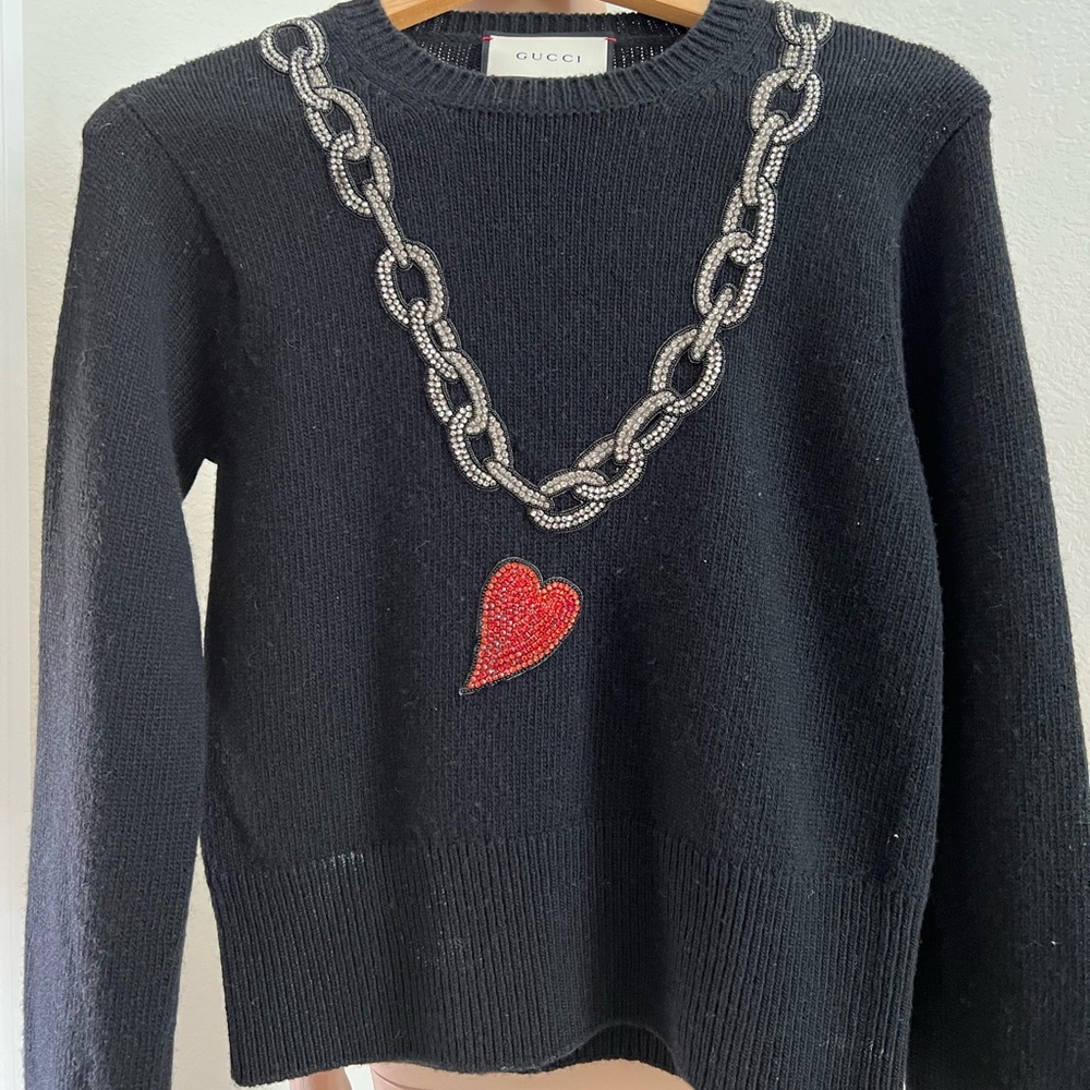 Gucci Crop Wool Sweater with Crystal Chain and Heart Motif